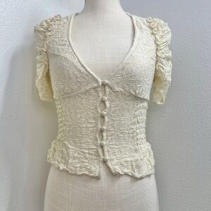 NWT Urban Outfitters Cream Smocked Button-Front Puff Sleeve Blouse Top |Size Sm